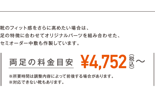 靴のフィット感をさらに高めたい場合は、 足の特徴に合わせてオリジナルパーツを組み合わせた、 セミオーダー中敷も作製しています。