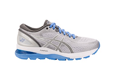 Women's grey and blue running shoe.