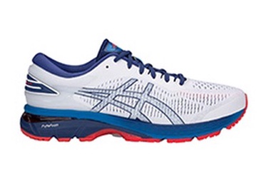 Men’s white running shoe with red and blue accents.