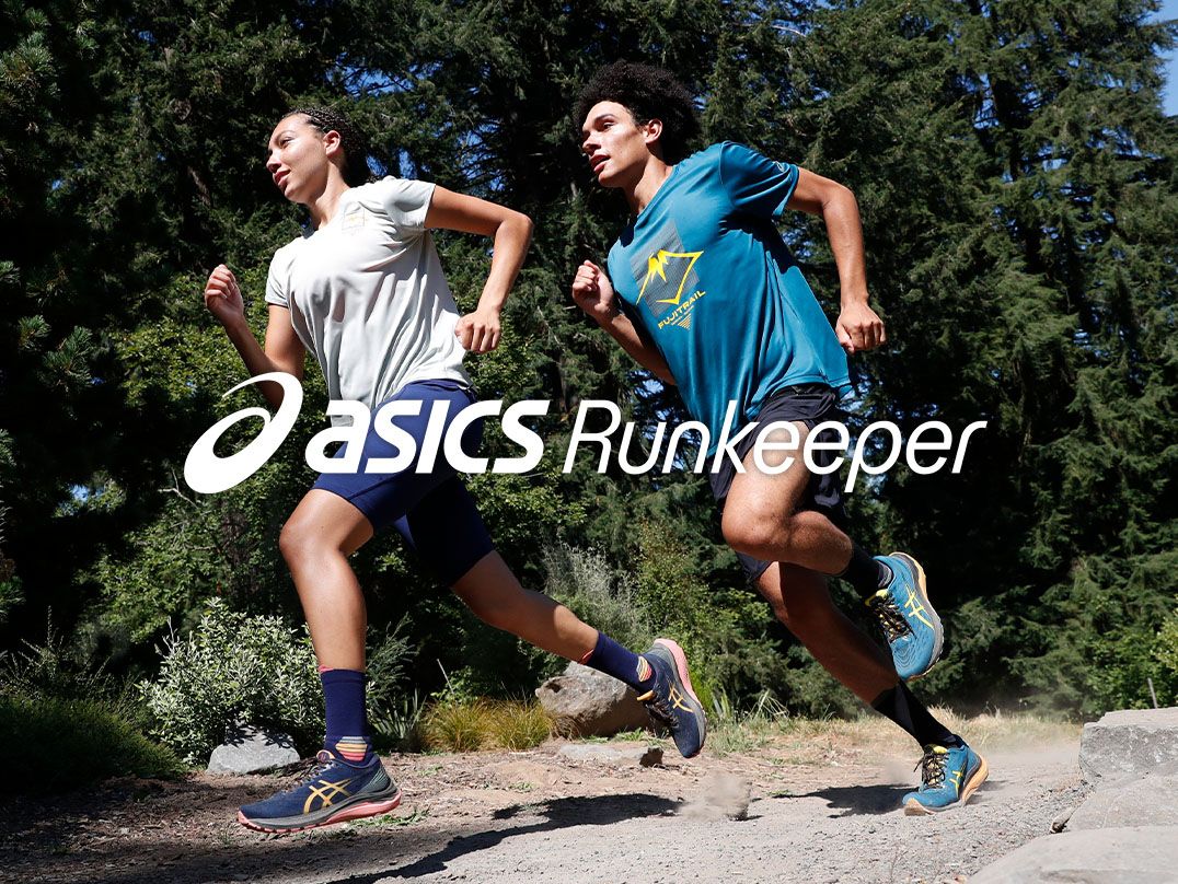 A male/female runner run outside in the summer with the ASICS Runkeeper logo featured front and center