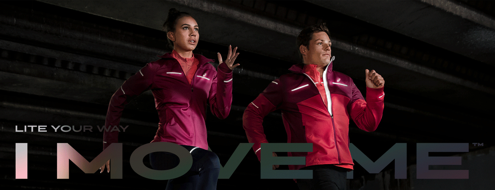 Man and woman running in red Lite Show jackets