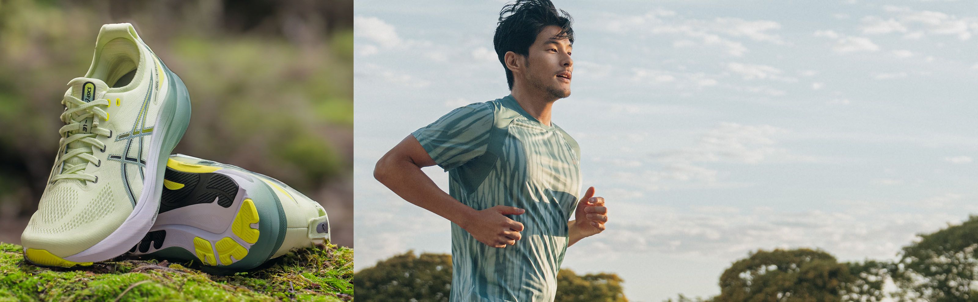 Split image featuring the Gel-Kayano™ 31 in a setting of greenery and a male runner (on the right) running outside