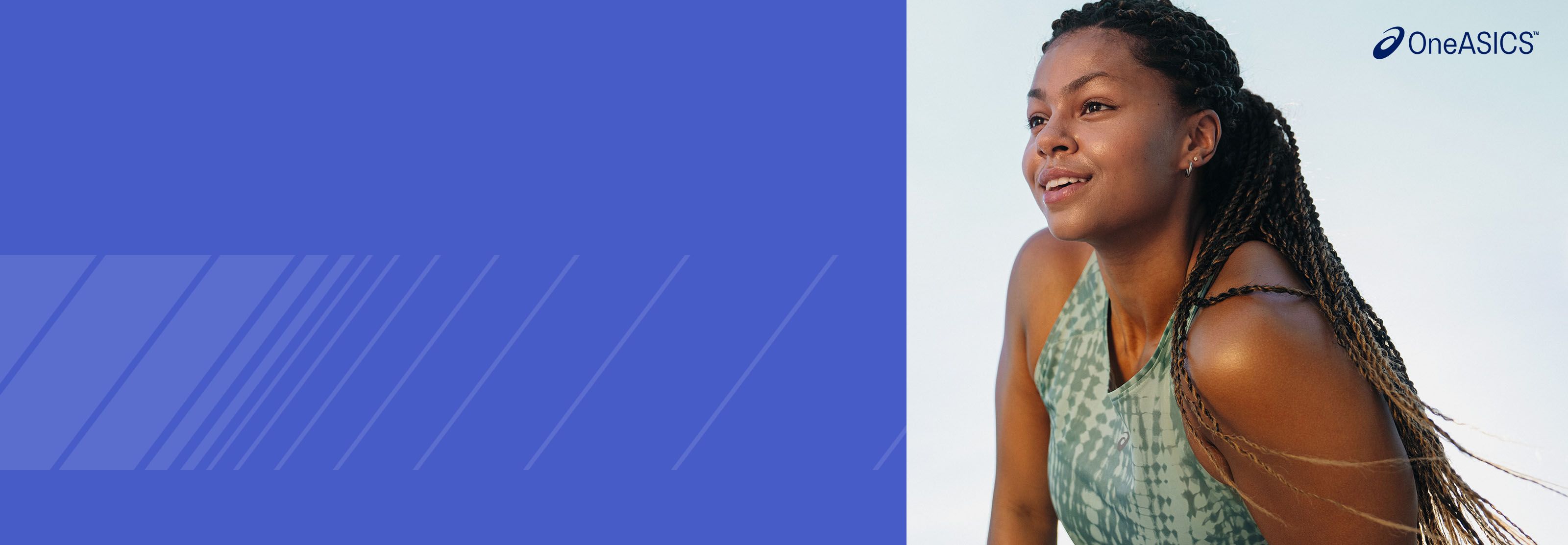 OneASICS banner featuring a photo of a female runner smiling set against a light blue sky