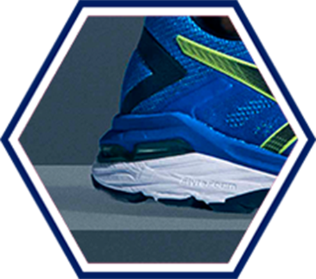 heel of blue running shoe