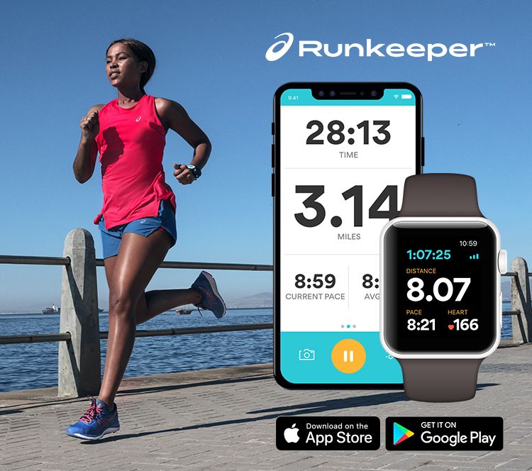 Woman running along side a phone displaying the Runkeeper App.
