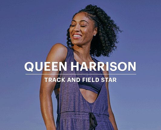 Flip animation. First image of Queen Harrison, track and field star with text overlay. Second image is Queen mid stride with text overlay that says, FIERCE.