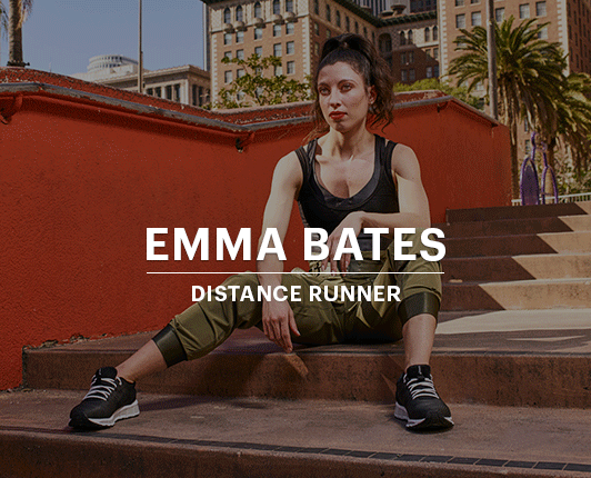 Flip animation. First image of Emma Bates, distance runner with text overlay. Second image is Emma running with text overlay that says, Driven.