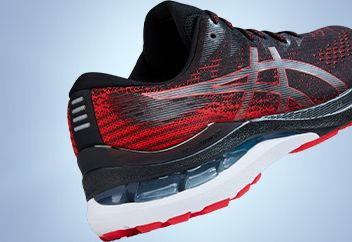 red and charcoal men's GEL-Kayano 28 