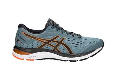 Men’s teal running shoe with orange accents.