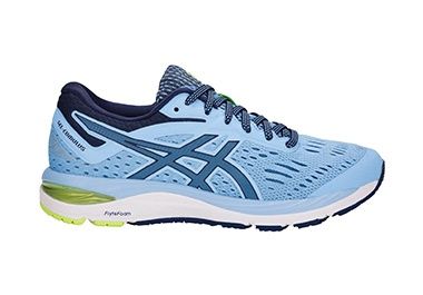 Women’s gray running shoe which blue and yellow accents.