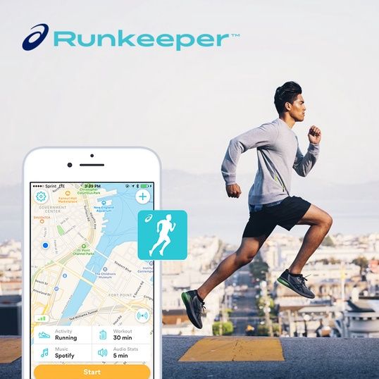 Man running through a city alongside graphic of an iphone displaying a map.
