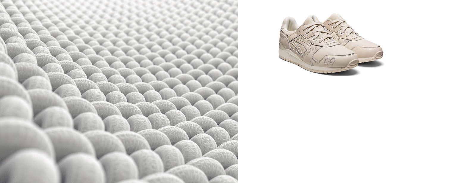 Representational image of Polyester textile and a pair of ASICS sneakers.