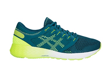 Men’s green and yellow running shoe.