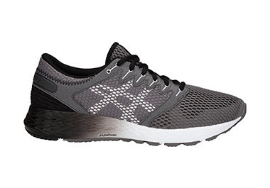 Men’s gray and white running shoe.

