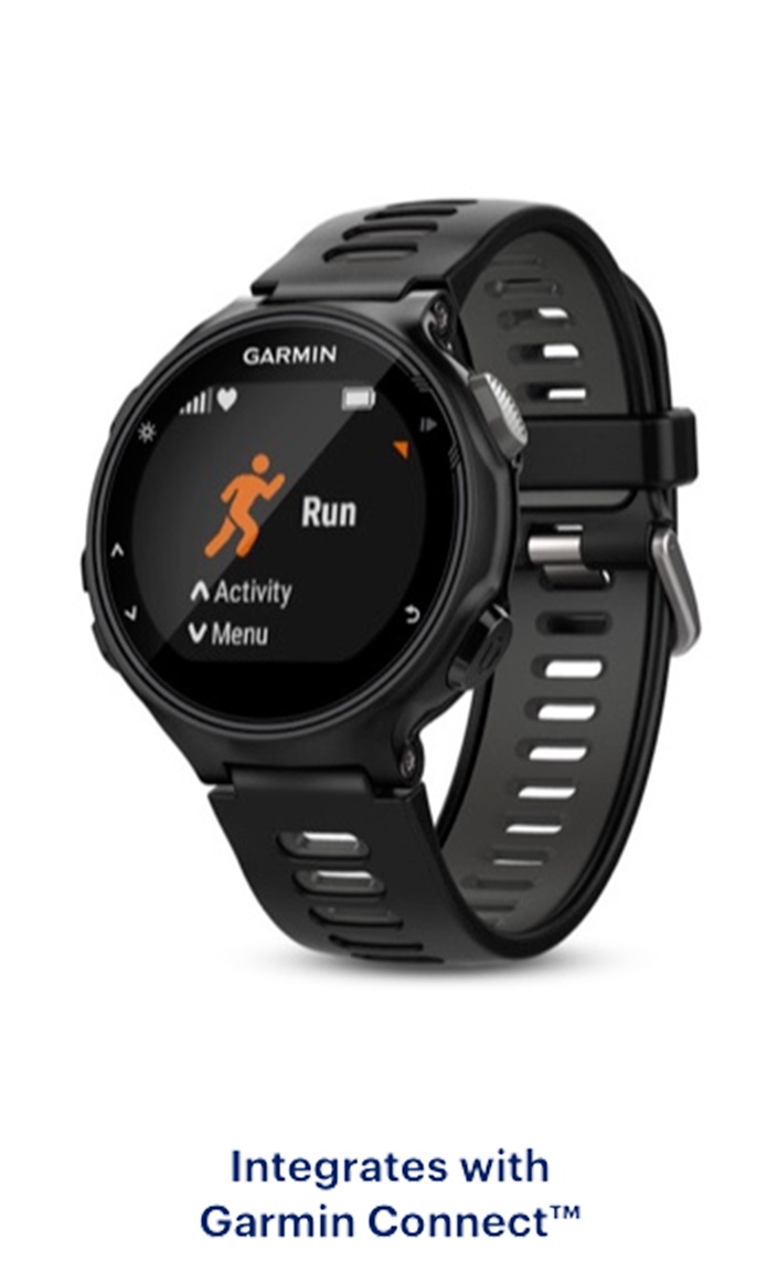 A Garmin smartwatch displaying a “Run” activity screen. 