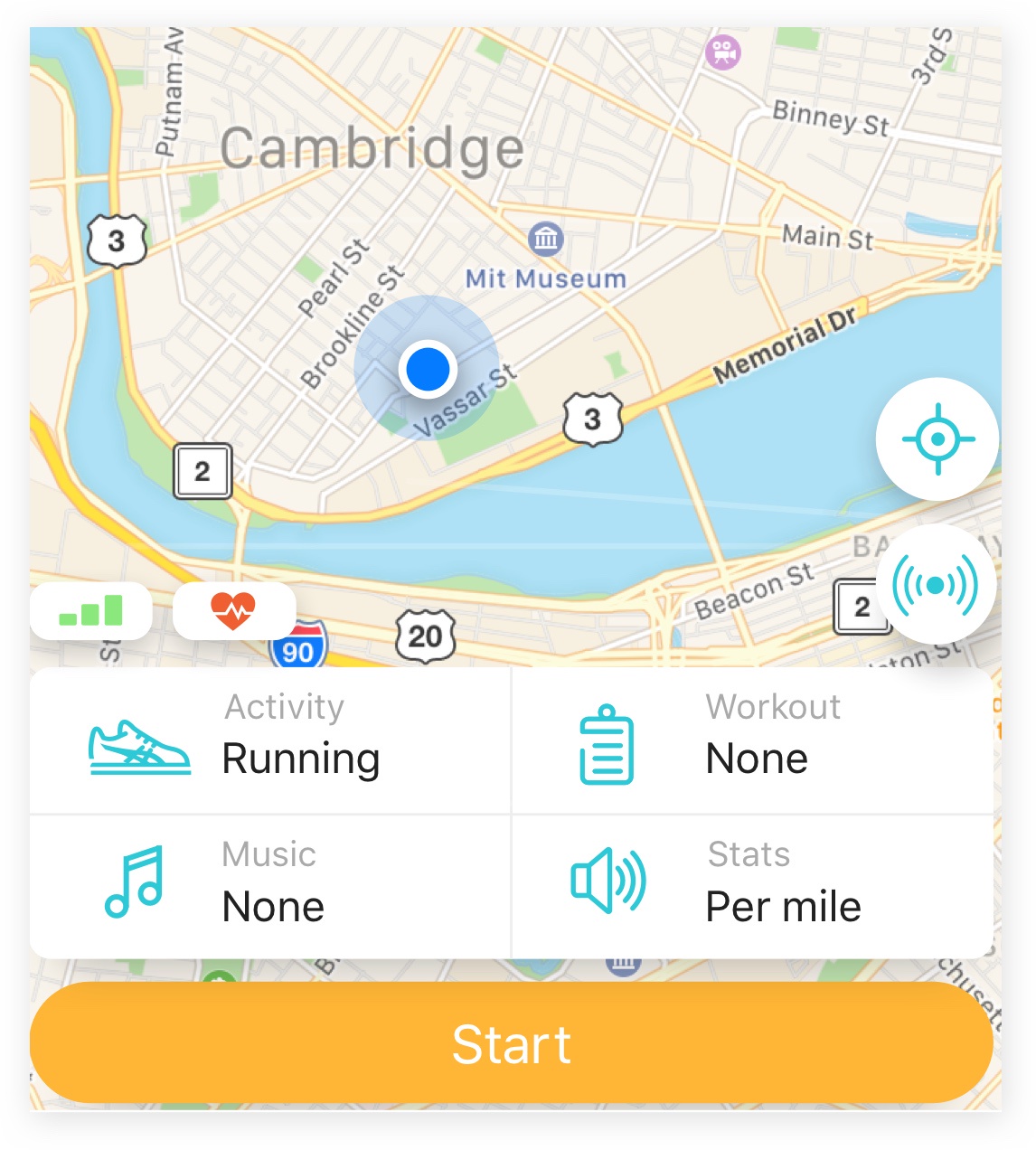 A screenshot of a running route map from the Runkeeper app.