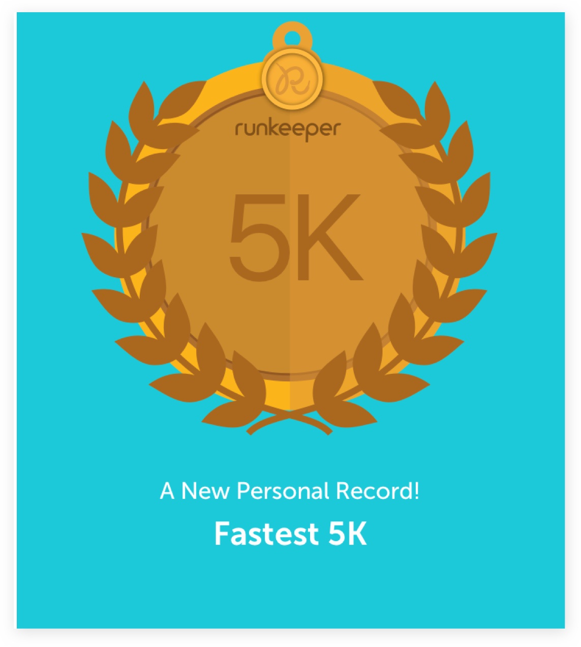 A screenshot from the Runkeeper app of a graphic of a gold 5k medal that reads, “A New Personal Record! Faster 5k.”