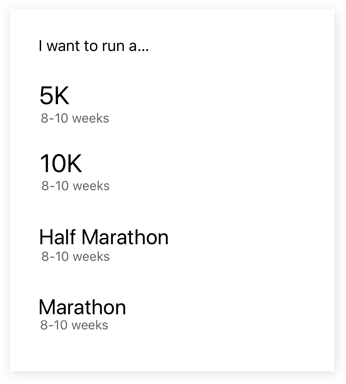 Screenshot from the Runkeeper app of training plan choices for 5k, 10k, Half Marathon and Marathon.

