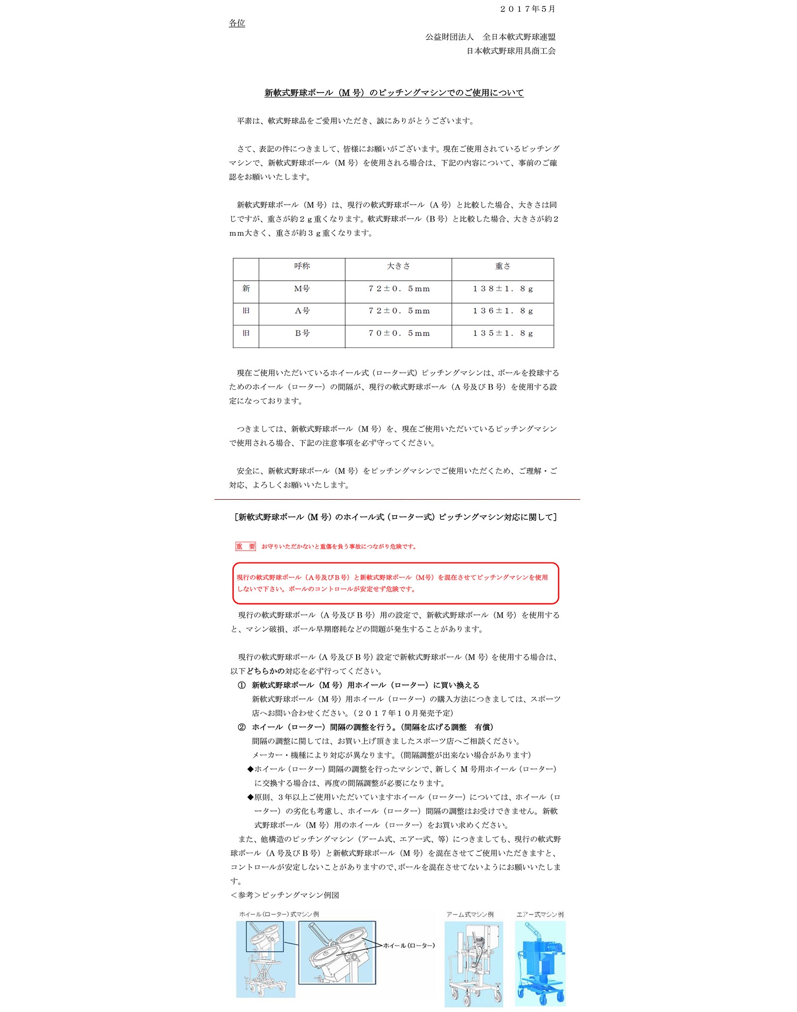 新軟式野球ボール（Ｍ号）のピッチングマシンでのご使用について