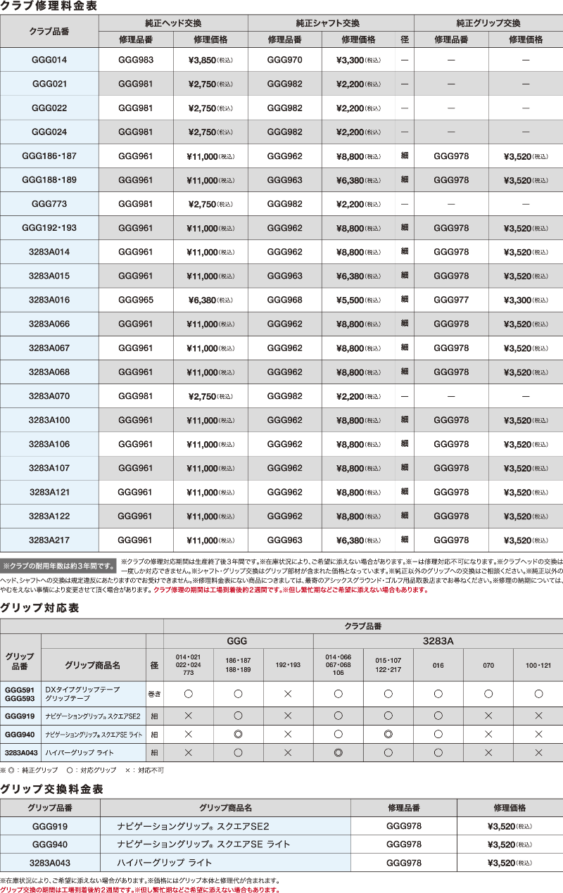 グラウンド・ゴルフクラブ修理内容、グリップ対応表 | アシックス - ASICS